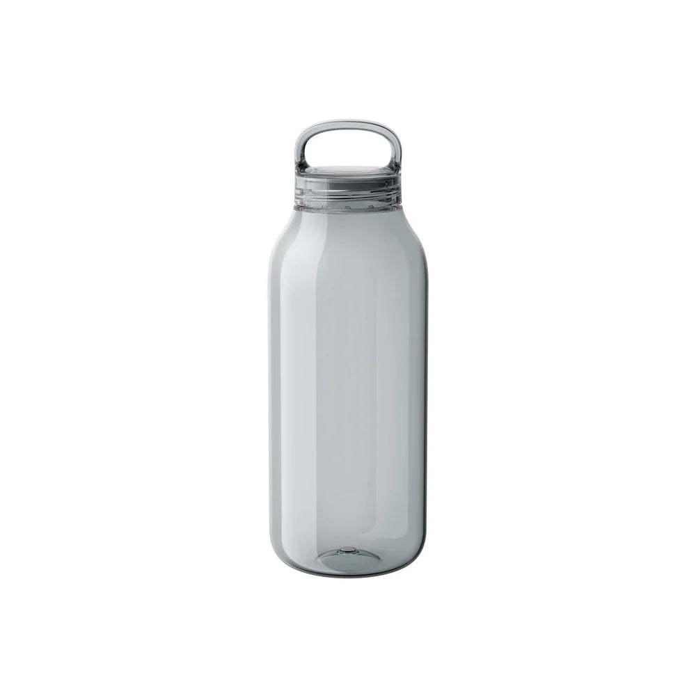 A clear, glass-like water bottle with a grey cap and label.