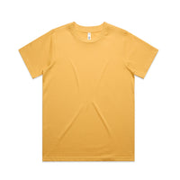 A yellow, relaxed fit classic tee shirt laid out flat on a white background.