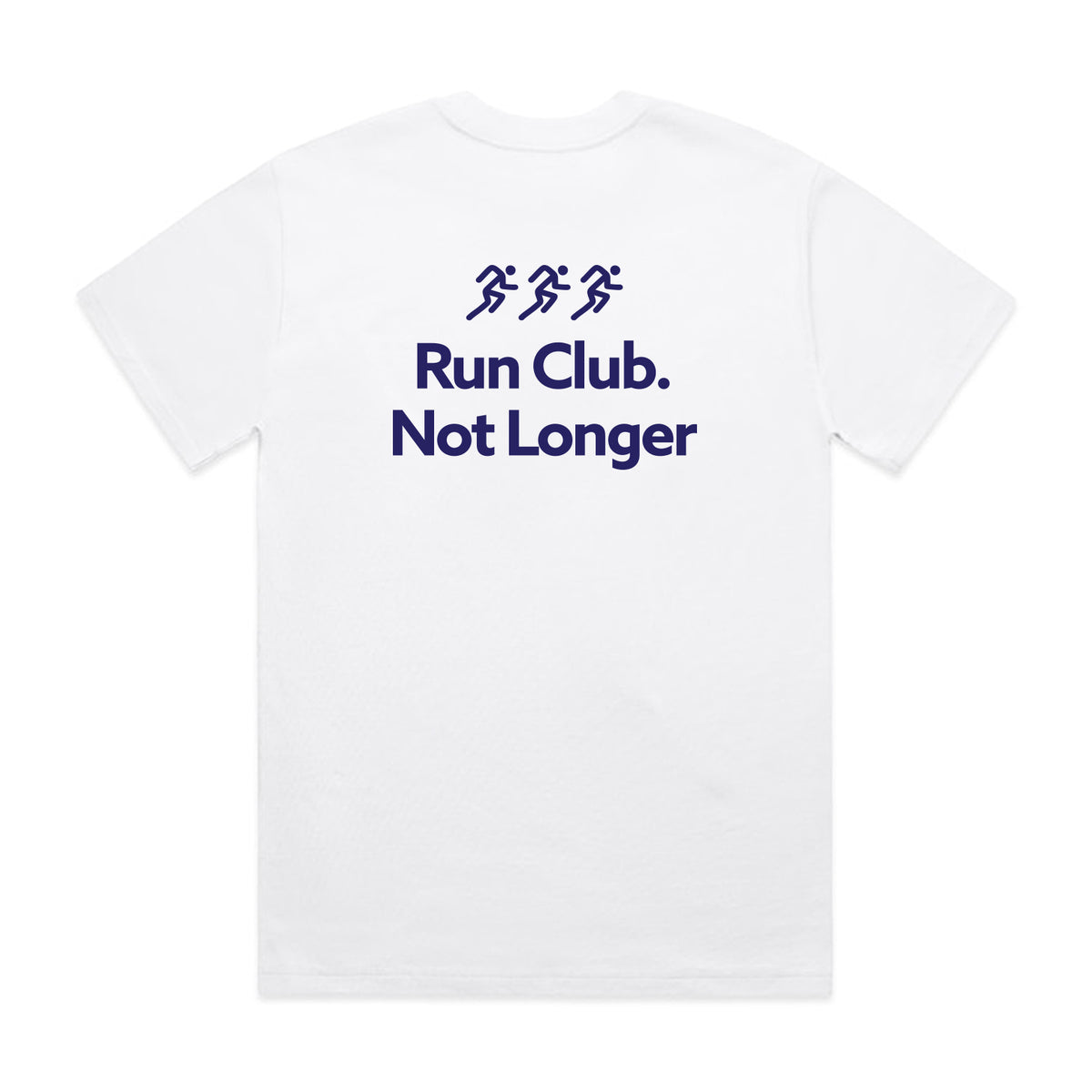 White tee with navy back screen print