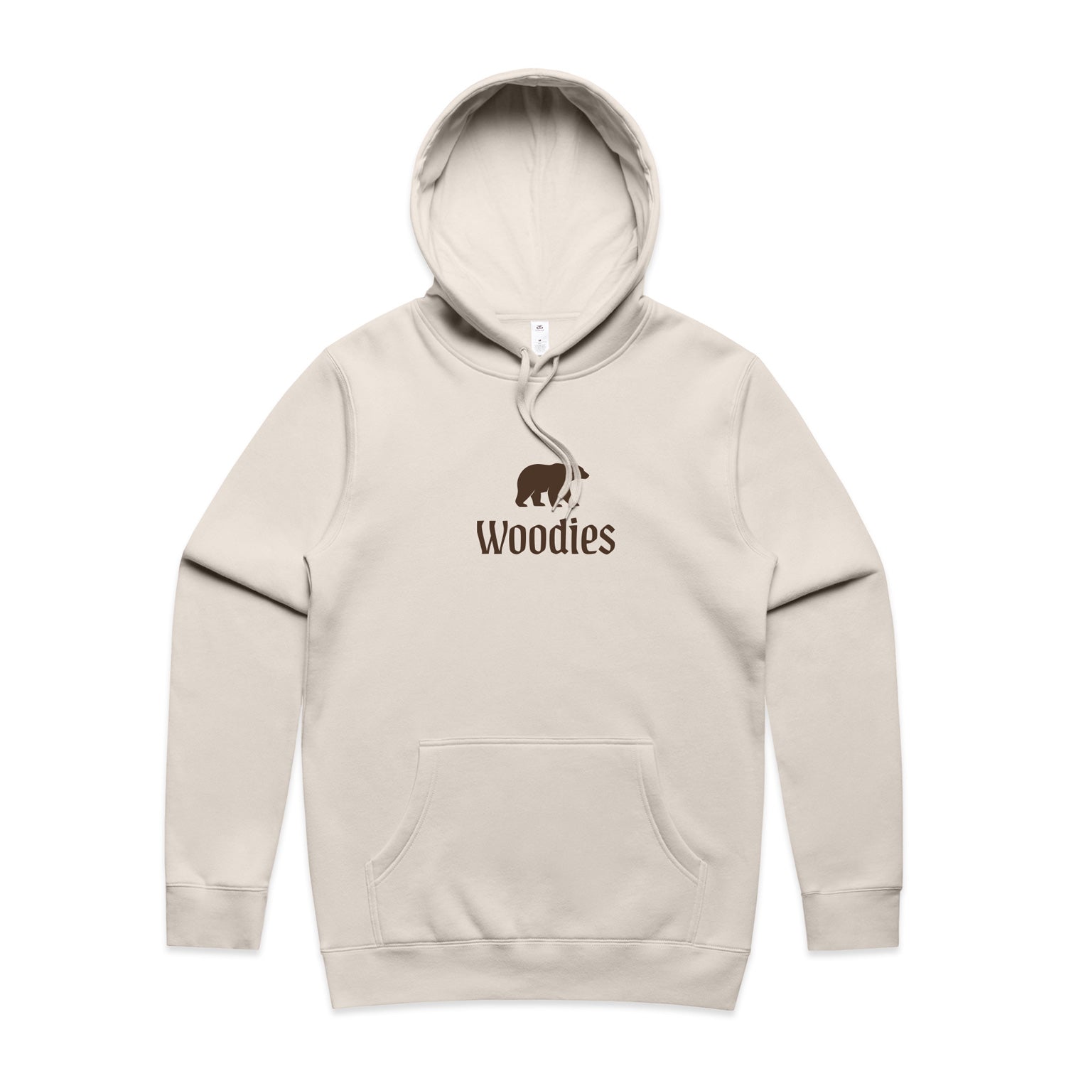 Custom ecru hoodie on a white background. AS Colour Stencil hood 5102 Sweatshirt custom merch nz