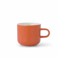 A medium-sized orange porcelain mug with a handle, suitable for hot beverages.