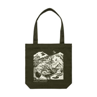 Army green tote with white screen print