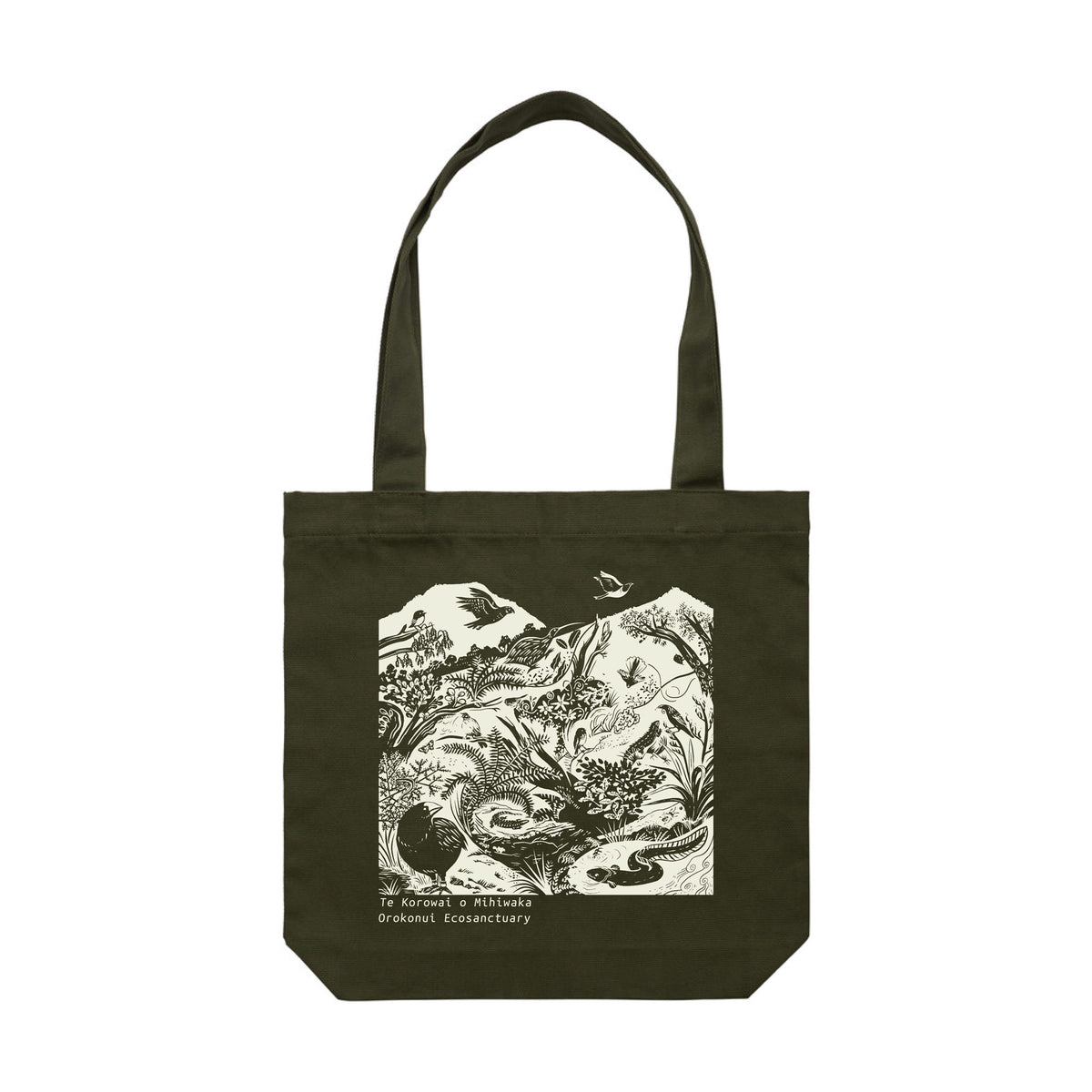 Army green tote with white screen print
