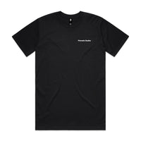 Black tee with white chest screen print