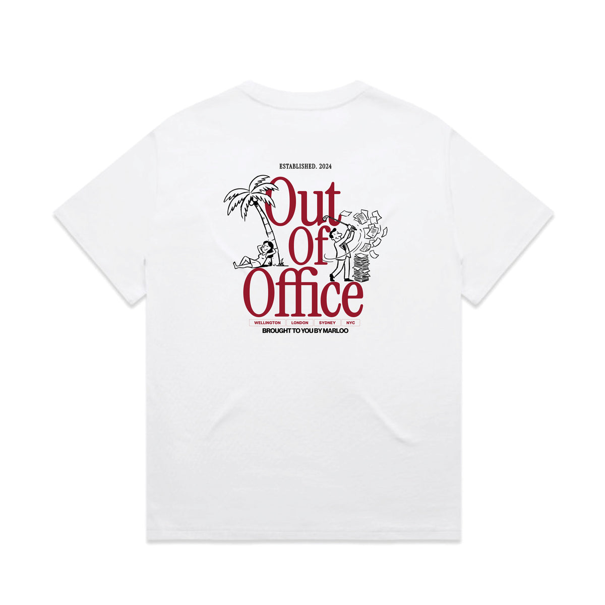 White tee with red and black back screen print