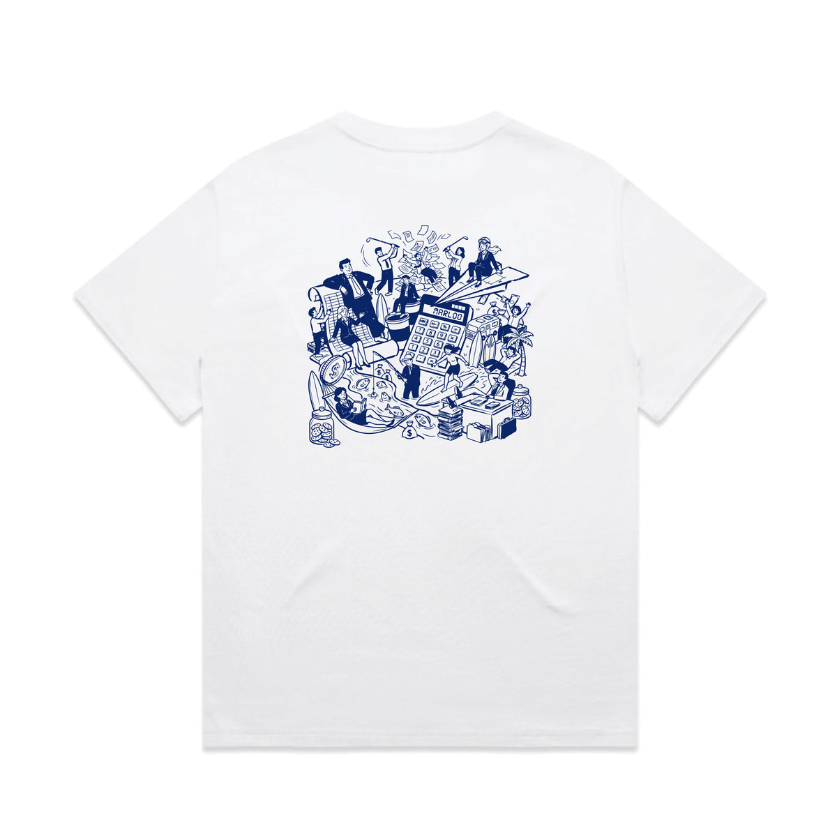 White tee with navy illustrated back screen print