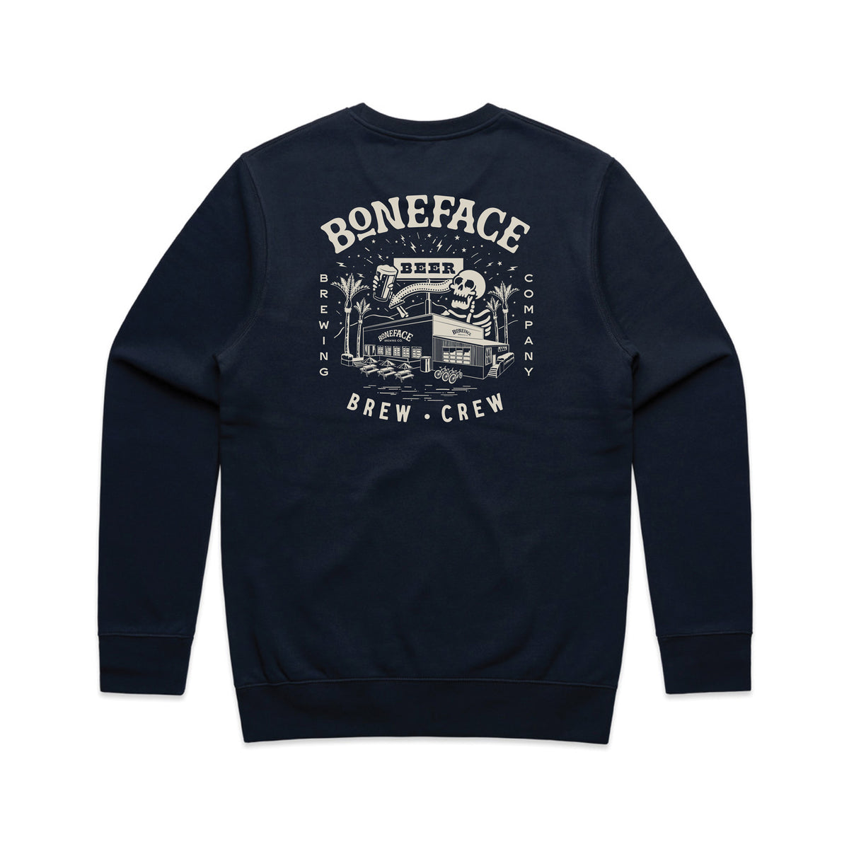 Navy crew sweatshirt with cream illustrated back print
