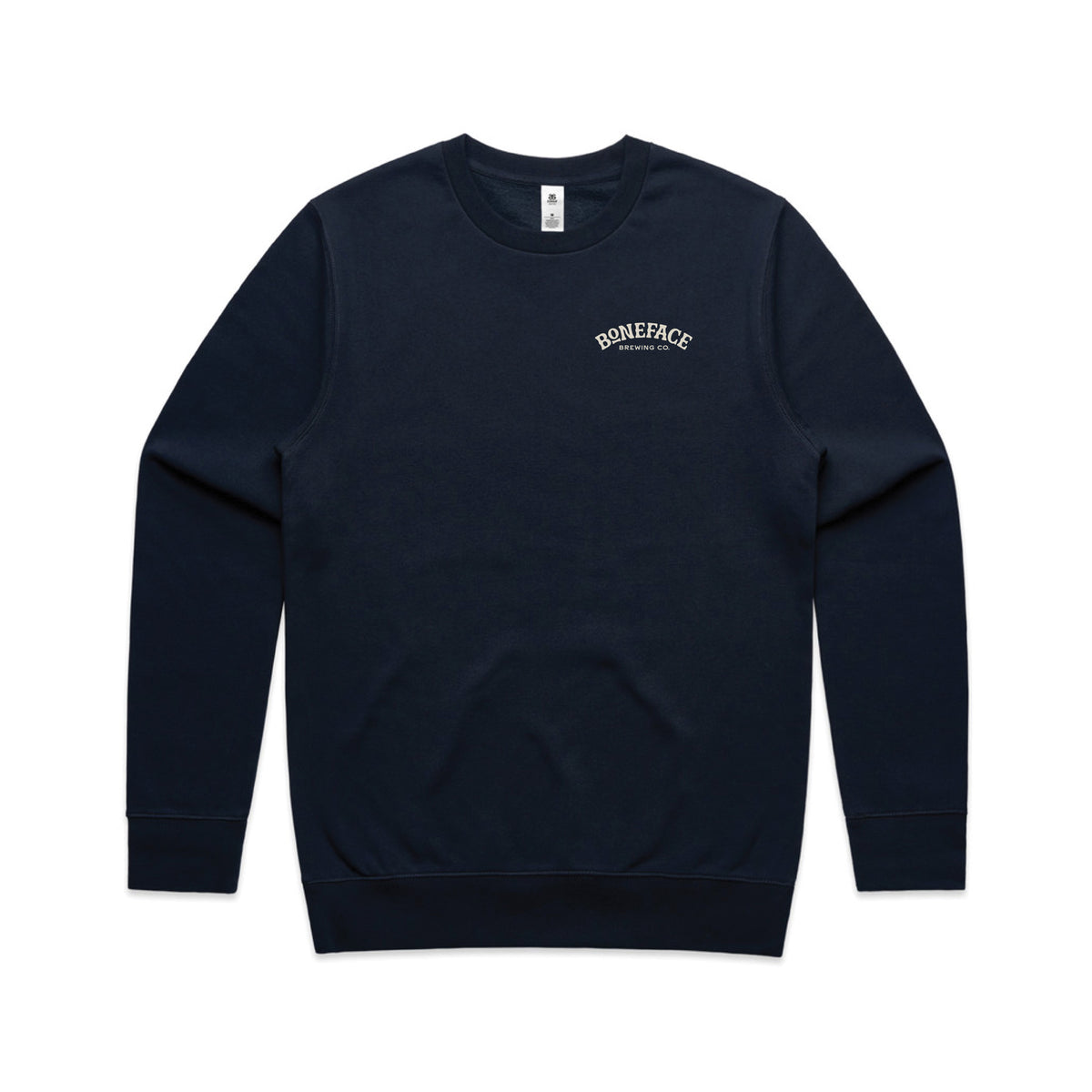 Navy crew sweatshirt with cream chest screen print
