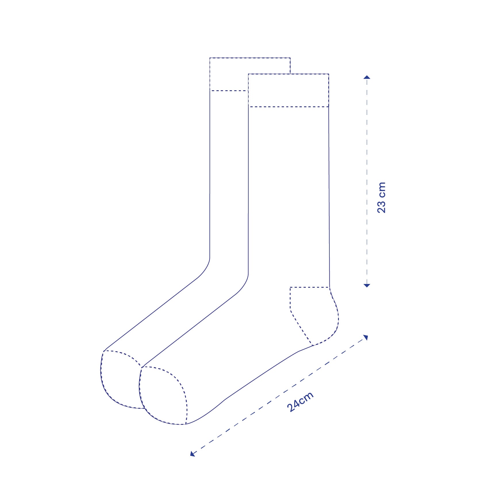 Outline of a sock with measurements on a white background