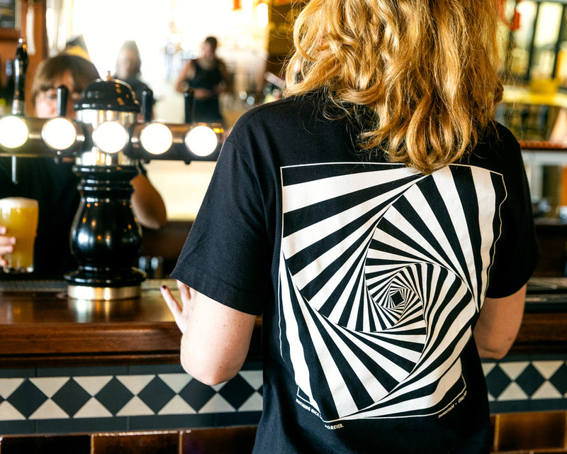 black and white screen printed t-shirt on woman