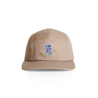 Khaki cap with blue artwork on front
