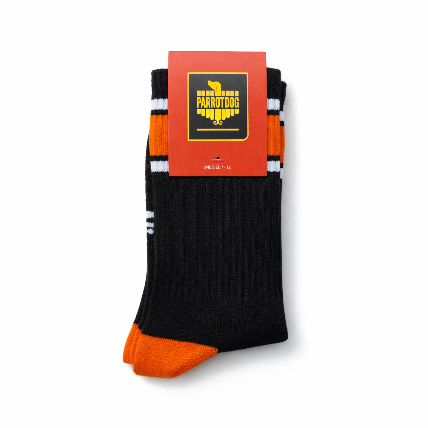 Black and orange sock on white background