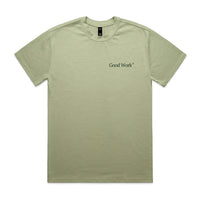Olive coloured tee on a white background with a green print