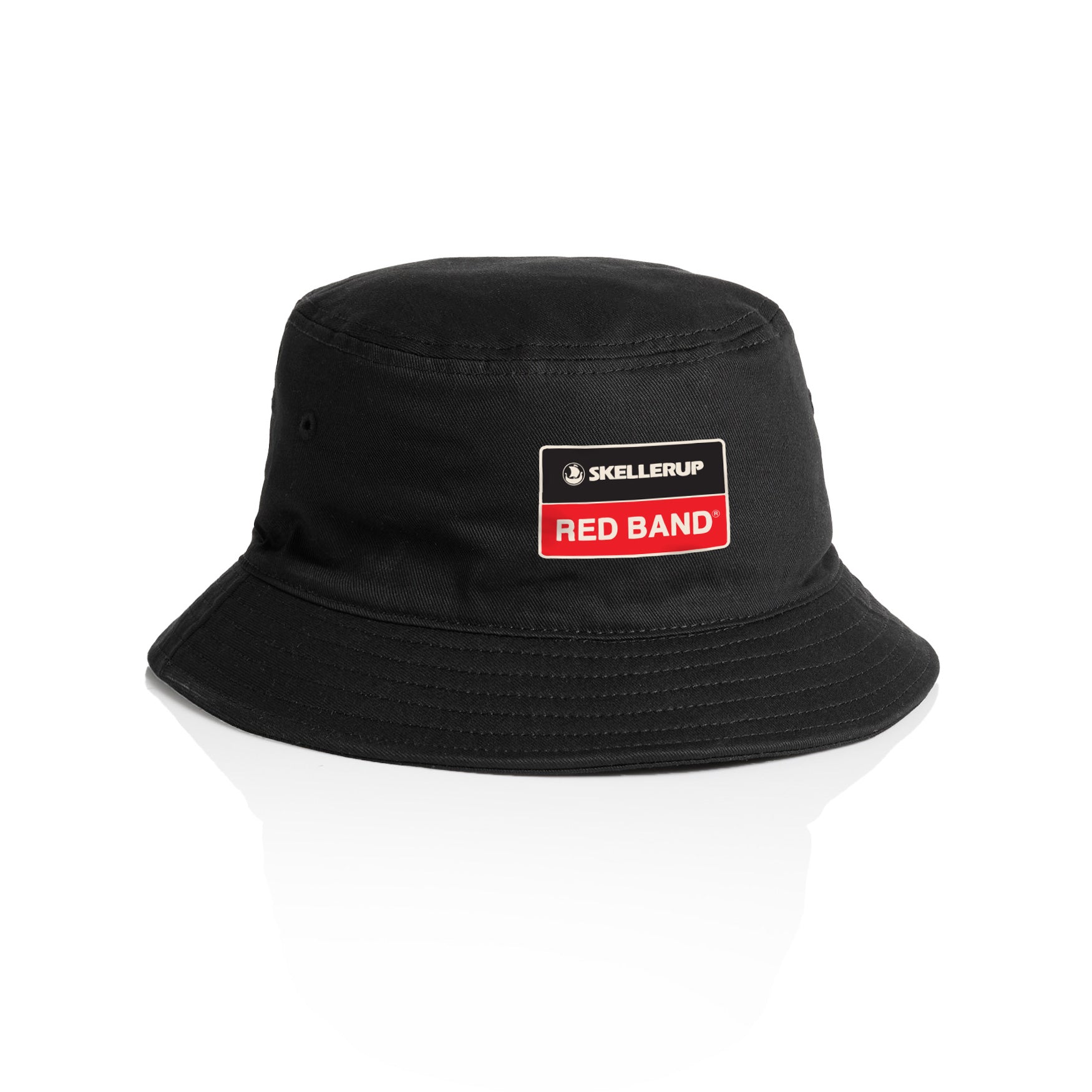 Black hat with red branding on front